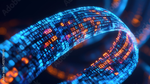 a close-up view of a digital data stream flowing dynamically with glowing lines and numeric data points