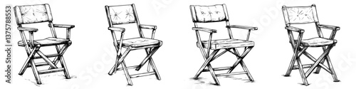 Set of four hand-drawn folding chairs in various positions on a plain background