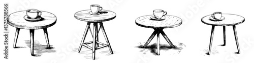Sketch of different wooden tables with cups, showcasing variety in designs and styles in a minimalist setting