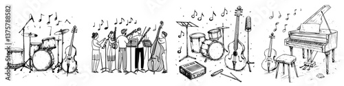 Musical instruments and performers gather in a lively rehearsal setting showcasing a variety of artistic expression