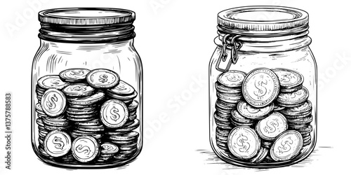 Two jars filled with coins illustrate savings and financial goals in a minimalistic style against a plain background
