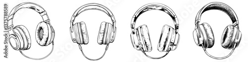 Various styles of headphones displayed in an artistic format showcasing unique designs and features