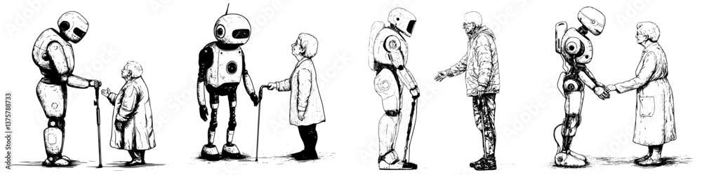 Fototapeta premium Interactions between robots and elderly people in a future setting highlighting companionship and technology