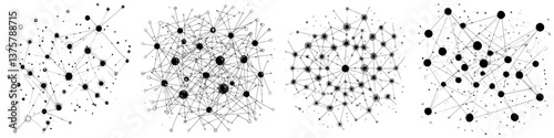 Complex network structures illustrated in black and white with various node arrangements and connections in an abstract design