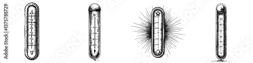 Illustrations of different thermometers showcasing temperature scales in vintage style