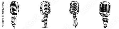 Vintage microphones arranged in a row showcasing design evolution through time