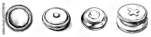 Various button designs displaying different shapes and functions for user interface applications in digital technology