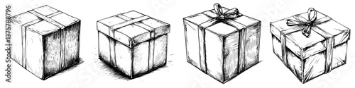 Different styles of gift boxes designed in a black and white sketch illustration suitable for various occasions such as holidays and celebrations