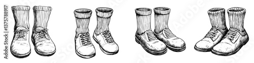 Collection of vintage shoes and socks arranged in a stylish manner on a white background