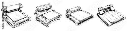 Detailed illustrations of traditional printing presses showing different styles and designs across history
