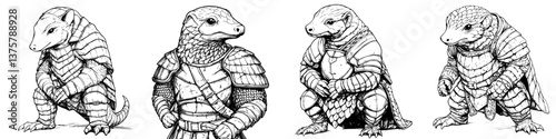 Fierce warriors in armor illustrate a unique fantasy world with reptilian characters engaged in a battle-ready stance