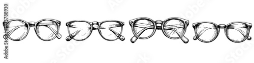 Collection of various styles of eyeglasses arranged in a row illustrating fashion trends and eyewear diversity
