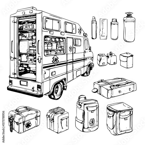 Emergency medical vehicle parked with various medical supplies and bags displayed at a community event