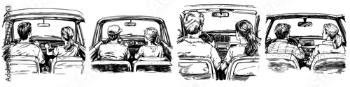Multiple views of friends enjoying a road trip in different cars on a sunny day