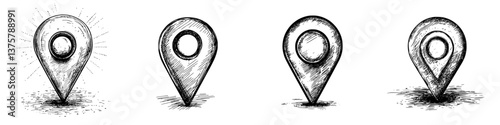 Different styles of location markers in a sketched design, showcasing various outlines and shading techniques for nuanced presentation