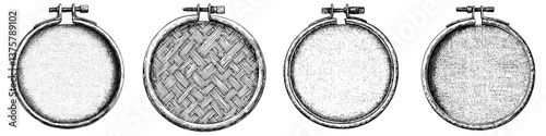 Intricate details of traditional embroidery hoops showcasing various textures and patterns in a craft setting