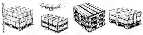 Sketch of cargo pallets and an airplane illustrating freight transportation and logistics operations
