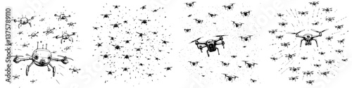 Drones swarm over a landscape illustrating technological advancement in aerial surveillance and photography techniques
