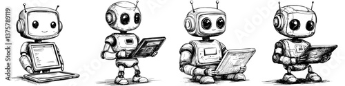 Collection of four creative robots engaged in various activities displaying unique personalities and gadgets