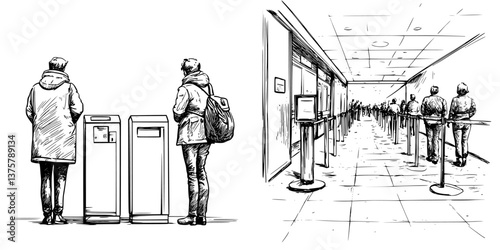 Waiting in line at a public office with people standing by machines on a busy weekday morning