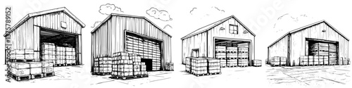 Wooden storage barns with neatly stacked pallets on a sunny day in a rural area