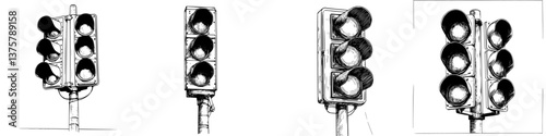 Traffic lights in a city intersection showcasing various signals during day time