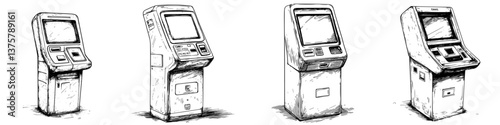 Various styles of self-service kiosks displayed in a simple illustration depicting their designs and functions