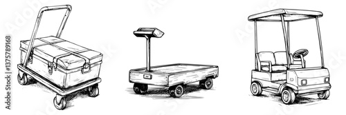 Different types of transportation equipment for handling luggage at airports and warehouses
