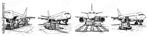 Airplane loading operations at a busy airport during day hours with ground services managing cargo and freight operations