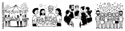 Celebration event with food, drinks, and mingling guests during a sunny afternoon at a local festival