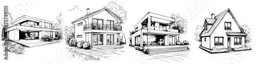 Diverse architectural designs of residential houses showcasing modern styles and traditional elements in a tranquil neighborhood setting