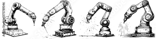 Robotic arms in various stages of industrial tasks at a manufacturing facility