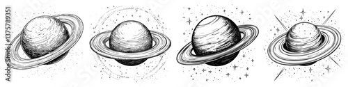 Illustrations of Saturn showcasing different artistic styles and cosmic details