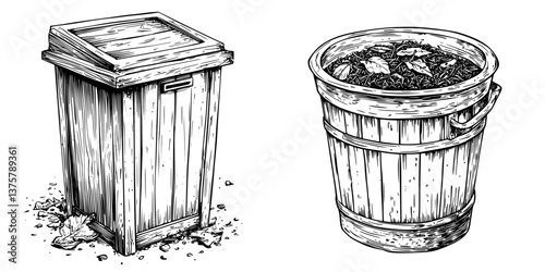 Wooden trash can and compost bin in a natural setting showcasing eco-friendly waste disposal methods