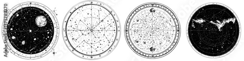 Vintage star maps displaying celestial constellations and astronomical features from a historical perspective