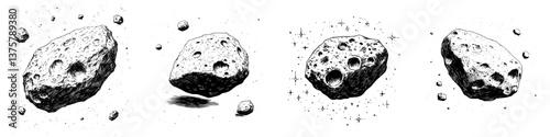 Asteroids moving through space with varying sizes and textures in a cosmic setting