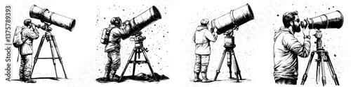 Astronomer observing the night sky with a telescope in a remote location at dusk