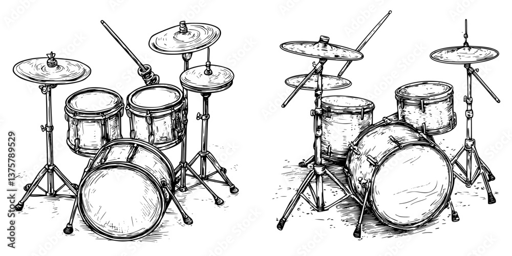 Drums set drawn in detail showcasing various components and arrangements in a dynamic layout Drums set drawn in detail showcasing various components and arrangements in a dynamic layout