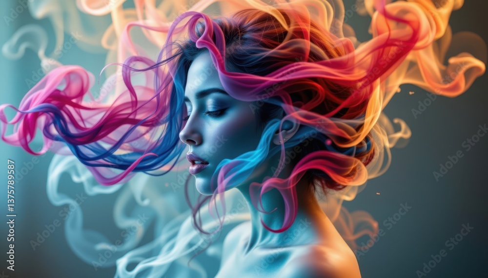 The portrait features a beautifully ethereal double exposure of a woman intertwined with swirling, vibrant smoke in a stunning display of color and movement. The portrait features a beautifully ethereal double exposure of a woman intertwined with swirling, vibrant smoke in a stunning display of color and movement.