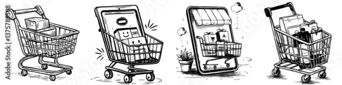 Shopping carts illustrate modern retail evolution from physical goods to digital experiences and online purchases