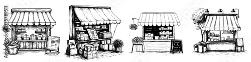 Artistic representation of market stalls showcasing local products in a quaint outdoor setting during daytime