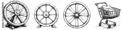 Decorative wheels and shopping cart illustrations showcasing craftsmanship and design in a vintage style