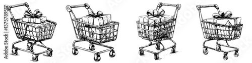 Gift shopping carts filled with wrapped presents and decorative bows in a festive display during the holiday season