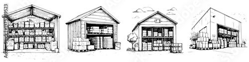Various styles of storage buildings showcasing organized stacking of boxes and barrels in different settings