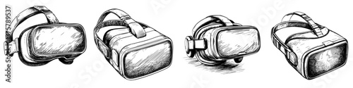 Collection of virtual reality headsets displayed in a minimalistic style showcasing innovation in technology