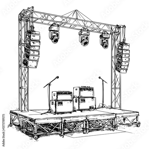 Outline of a concert stage setup with amplifiers and microphones in preparation for a live music event