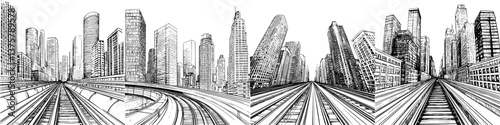 Urban landscape with abstract skyscrapers and railway tracks in a busy metropolis