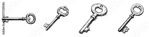 Collection of vintage keys displayed with intricate designs and various shapes against a plain background