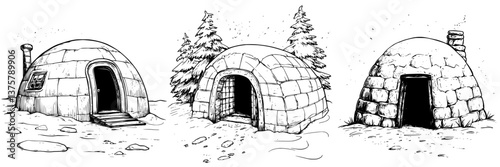 Illustrations of various igloos in snowy landscape surrounded by trees during winter season