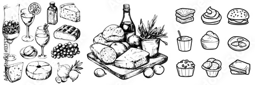 Culinary delights featuring various breads, cheeses, and desserts on a wooden platter with beverages and fresh produce